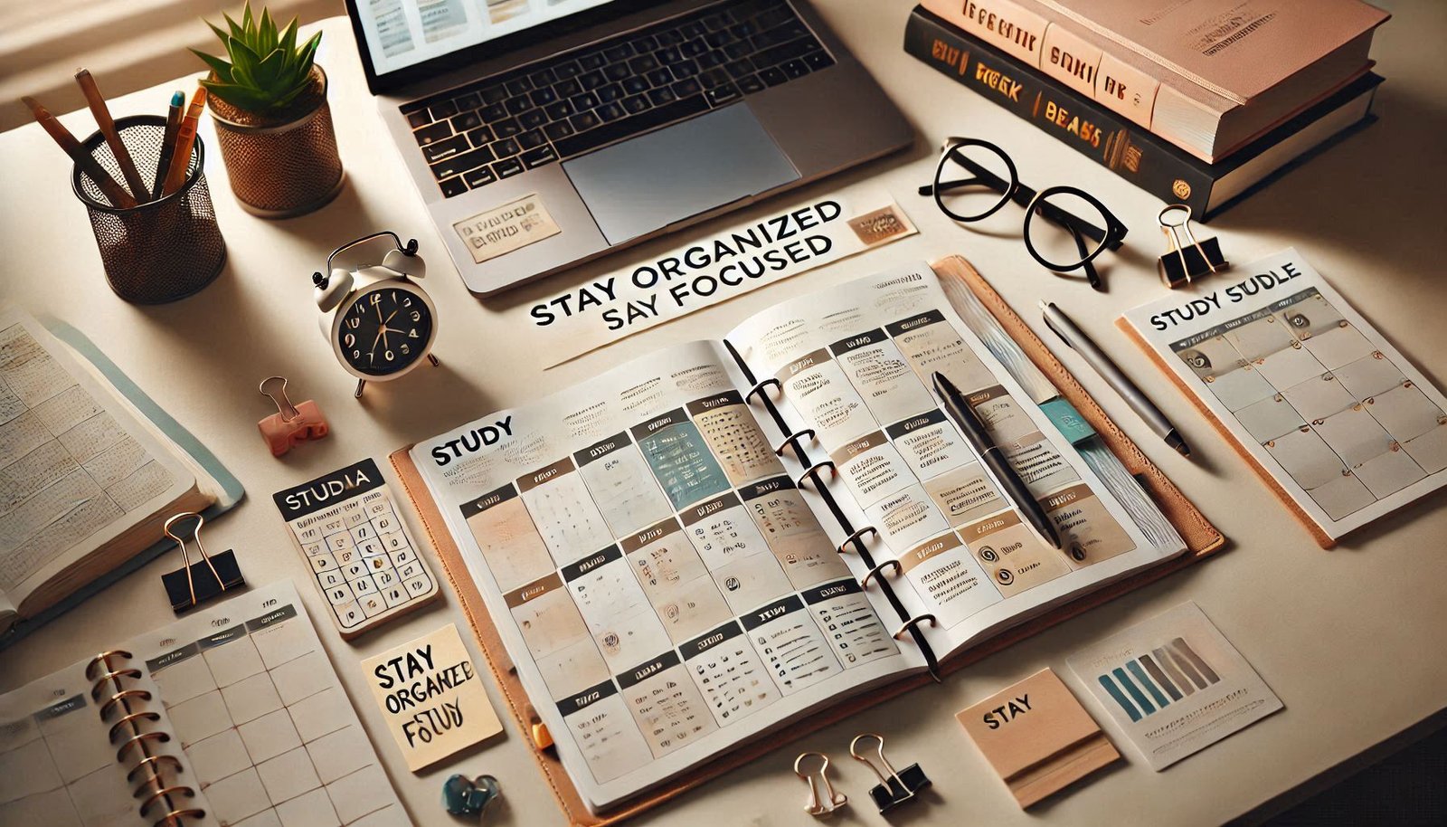 An organized study desk with a planner showing a well-structured study schedule, including time blocks for studying, breaks, and relaxation.