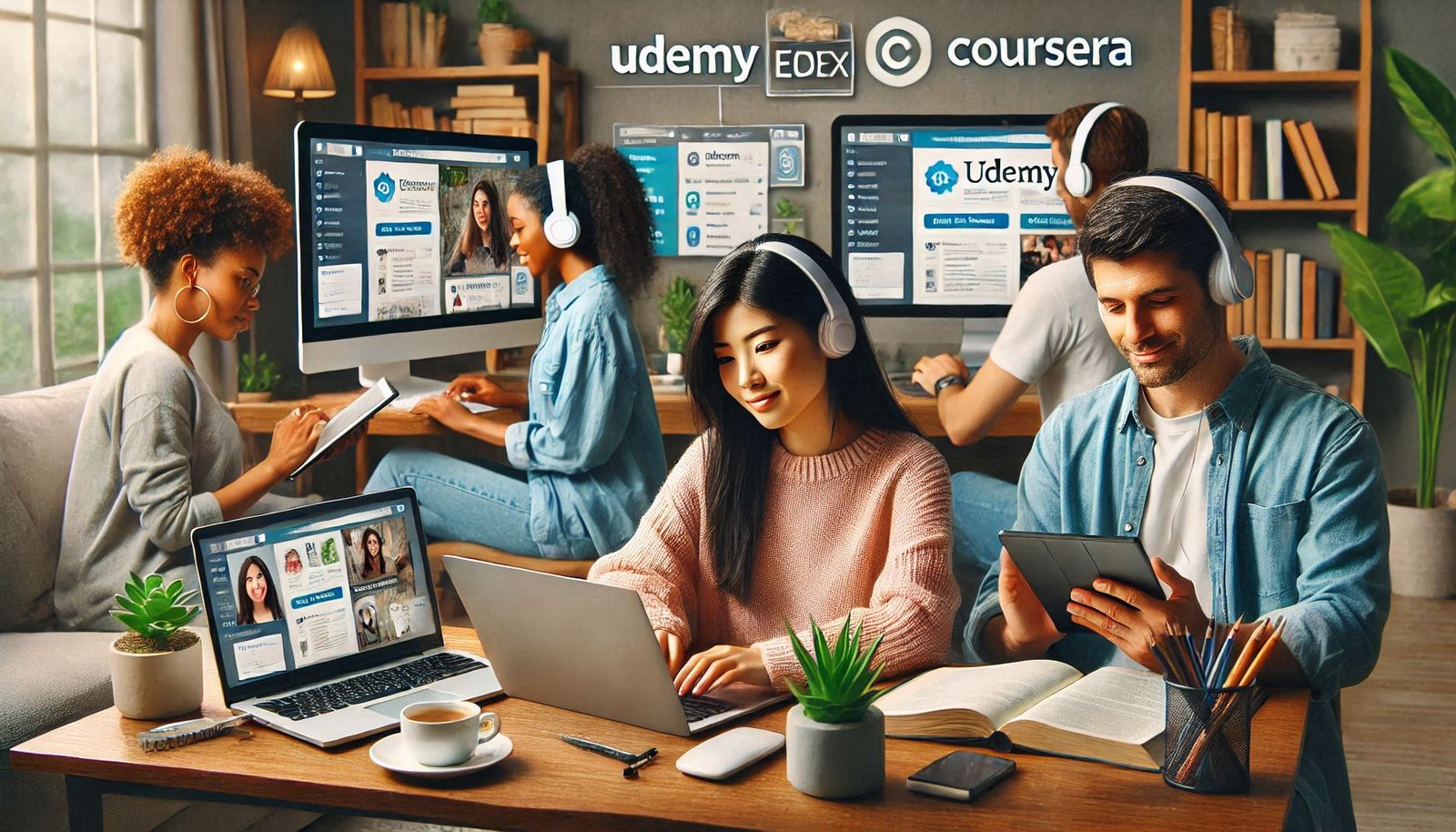 Students using laptops and tablets to access online learning platforms like Coursera, Udemy, and edX in a modern study environment.