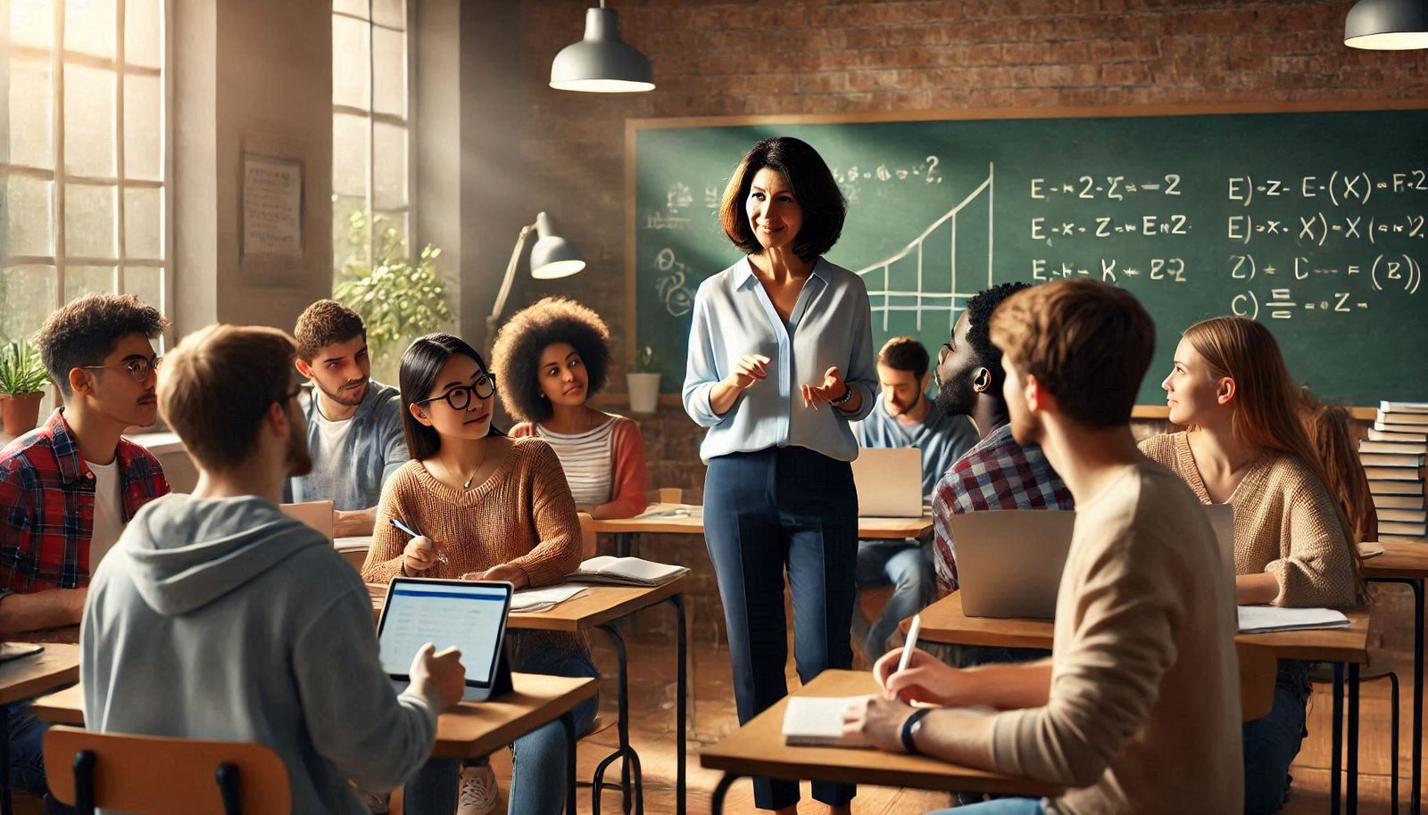 Teacher explaining a lesson to a diverse group of students in a warm and inclusive classroom.