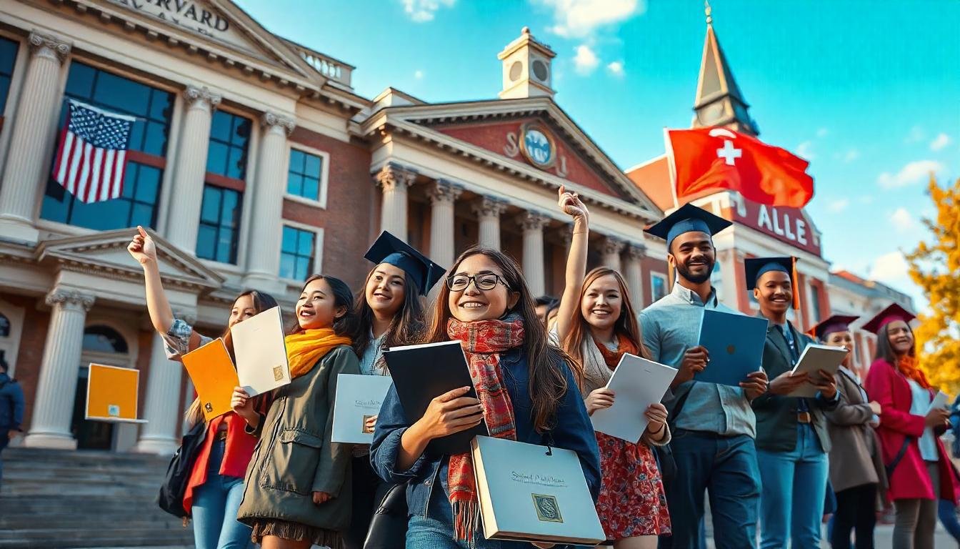 A group of diverse international students joyfully celebrating with books and graduation caps, symbolizing scholarship opportunities in top U.S. universities.